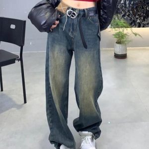 Mopping straight long pants high waist pocket jeans for women