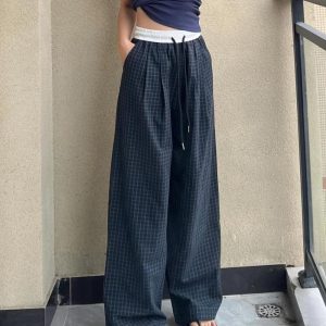 Casual plaid pants mixed colors wide leg pants