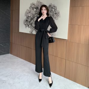 Autumn long sleeve jumpsuit bow mixed colors long pants