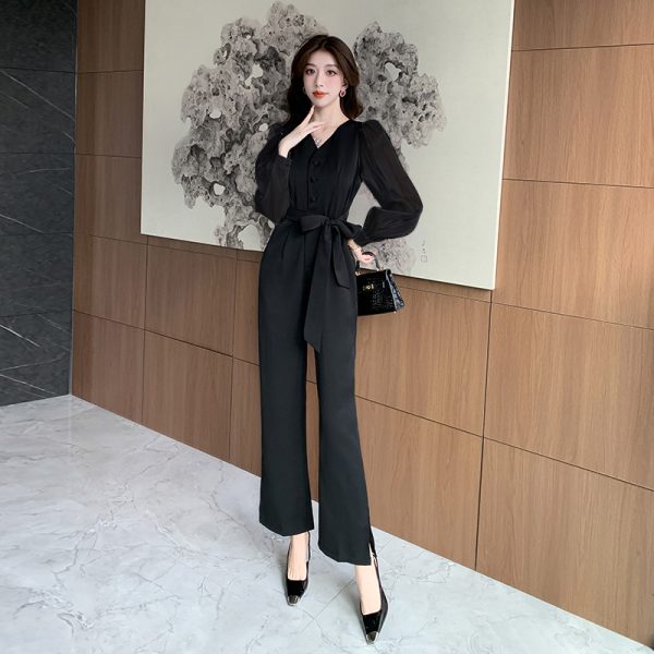 Autumn long sleeve jumpsuit bow mixed colors long pants