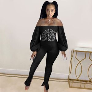 Printing lantern sleeve flat shoulder slim jumpsuit