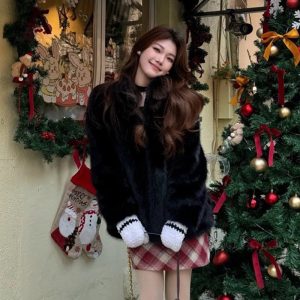 Puff sleeve long elmo fur coat white temperament overcoat