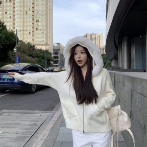 White removable long cardigan wool fur collar sweater