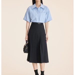 Khaki all-match loose commuting stripe shirt a set for women