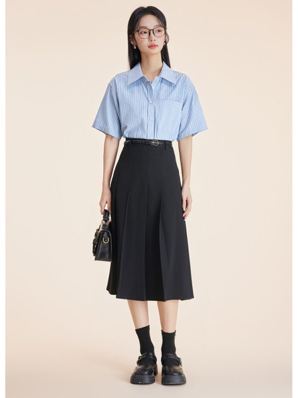 Khaki all-match loose commuting stripe shirt a set for women