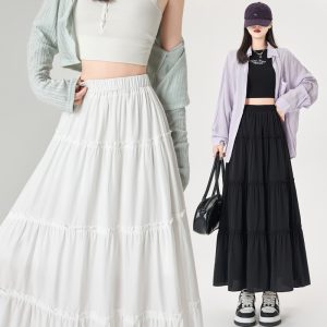 Drape high waist spring long dress white splice skirt for women