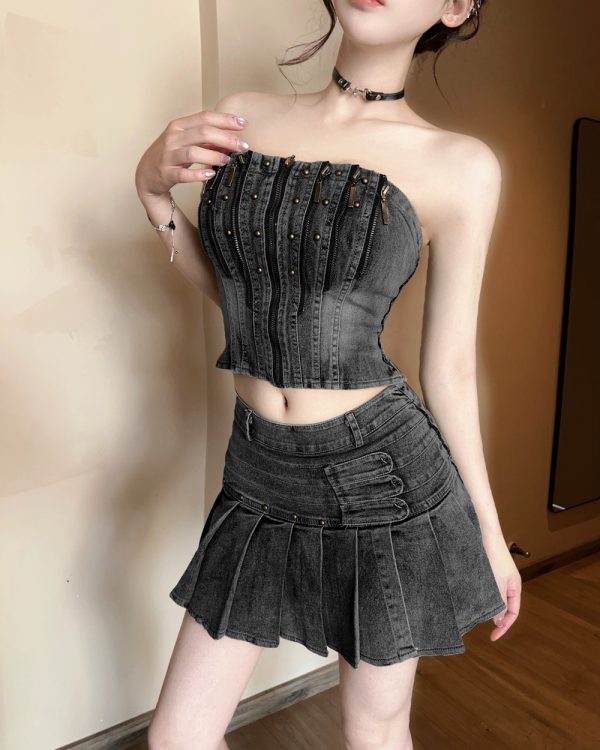Zip denim tops rivets pleated skirt 2pcs set for women