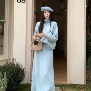 Single-breasted sweater knitted skirt a set for women