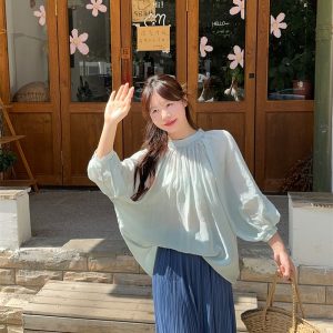 Drape pleated shirt puff sleeve big skirt skirt 2pcs set