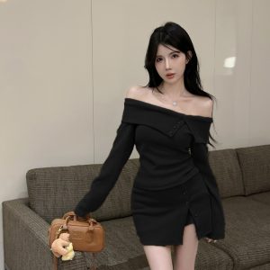 Fashion horizontal collar T-shirt split tops a set