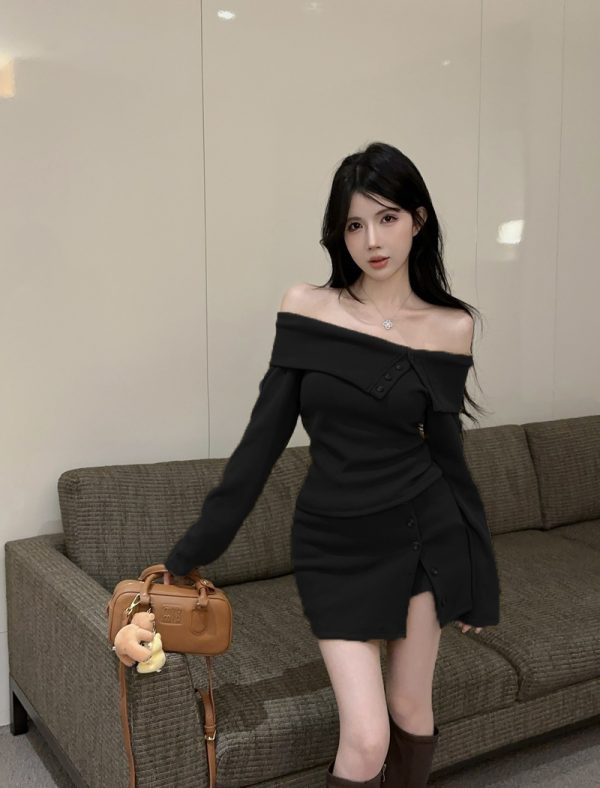 Fashion horizontal collar T-shirt split tops a set