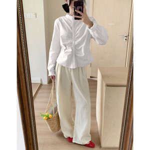 France style slim lace cstand collar pinched waist shirt