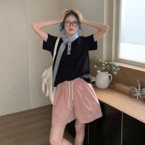 Lapel short sleeve shirt all-match loose tops for women