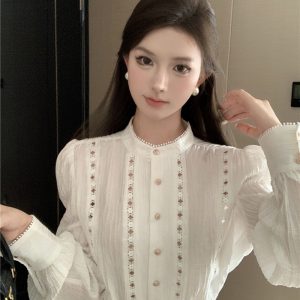 Embroidery hollow tops refinement shirt for women