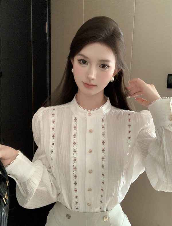 Embroidery hollow tops refinement shirt for women