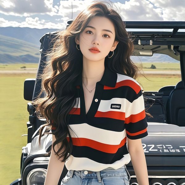 Stripe unique summer tops ice silk short sleeve sweater