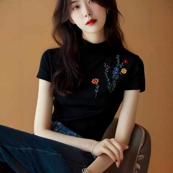 France style T-shirt black small shirt for women