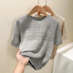 Summer ice silk tops hollow round neck T-shirt for women