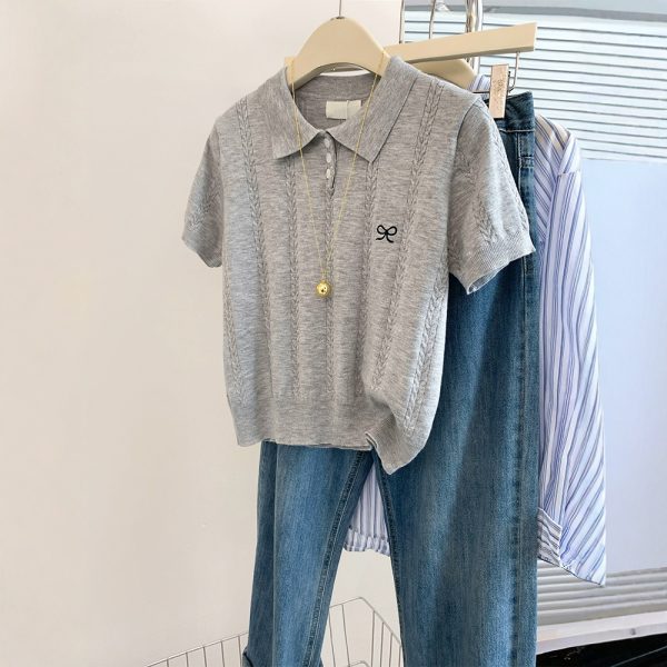 Slim knitted lapel tops short sleeve bow T-shirt for women