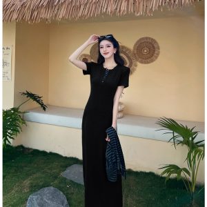 Stripe temperament long dress summer dress 2pcs set