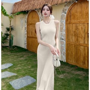 Temperament knitted dress package hip halter long dress