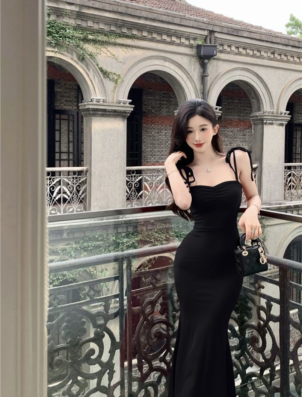 Bandage bow pinched waist V-neck fold sexy mermaid hem dress