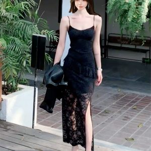 Sexy lace light luxury dress package hip split long dress