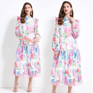 Pinched waist long flowers retro printing dress