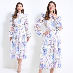 Flowers printing long pinched waist retro dress