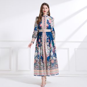 Printing lotus leaf edges court style lantern sleeve dress