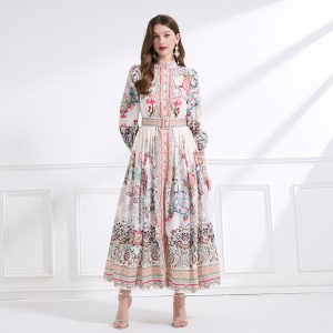 Printing lotus leaf edges long cstand collar dress