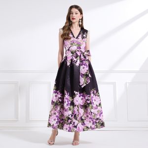 Vacation pinched waist seaside printing long dress
