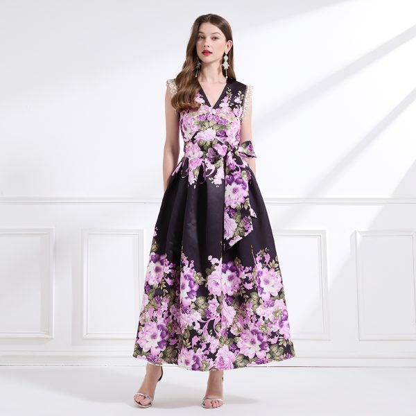 Vacation pinched waist seaside printing long dress