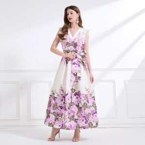 Vacation boats sleeve colors lotus leaf edges long dress