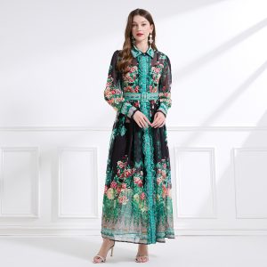 Printing pinched waist shirt chiffon long dress 2pcs set