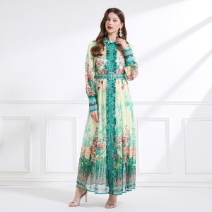 Lotus leaf edges shirt printing long dress 2pcs set