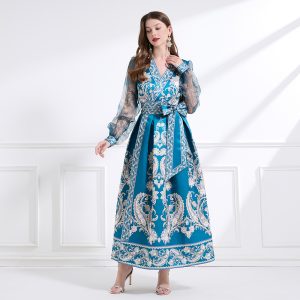 Vacation frenum printing cross collar lotus leaf edges dress
