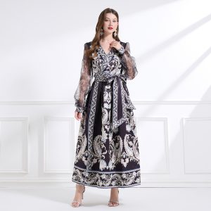 Cross collar printing lantern sleeve dress