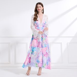 Vacation long dress pinched waist dress