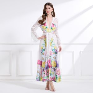 Lotus leaf edges splice long dress pinched waist dress
