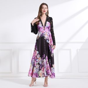 Lotus leaf edges pinched waist dress printing long dress