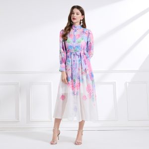 Big skirt cstand collar printing lantern sleeve dress 2pcs set