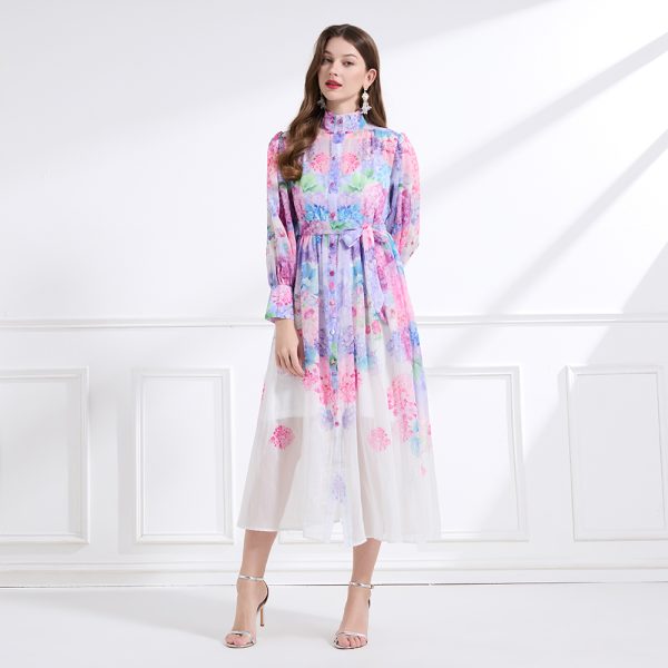 Big skirt cstand collar printing lantern sleeve dress 2pcs set