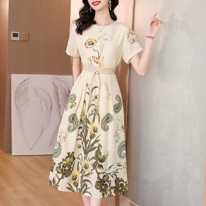 France style slim retro summer printing elegant long dress
