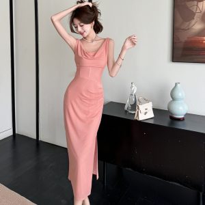 Sexy gauze long dress pink tender formal dress