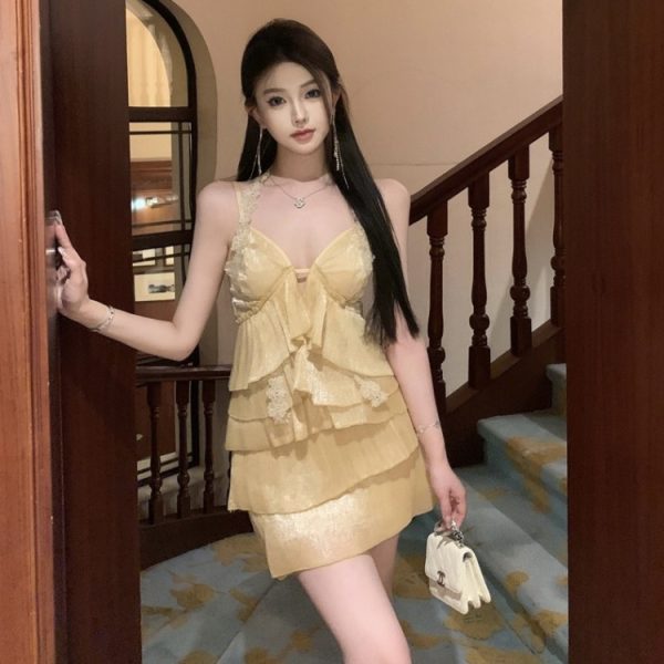Yellow lace crimp dress summer sling T-back for women