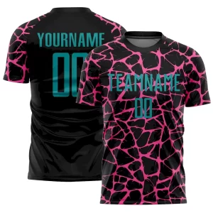 Custom Black Teal-Pink Abstract Network Splash Sublimation Soccer Uniform Jersey